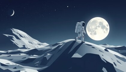 Astronaut Walking on the Moon Under Full Moonlight