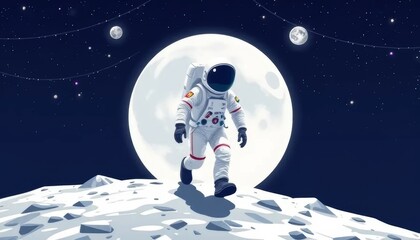 Astronaut Walking on the Moon Under Full Moonlight