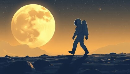 Astronaut Walking on the Moon Under Full Moonlight