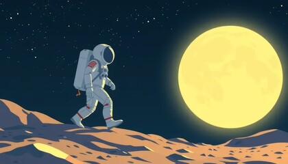 Astronaut Walking on the Moon Under Full Moonlight