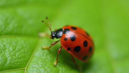 Fototapeta premium Vibrant Ladybug on a Leafy Green Stage