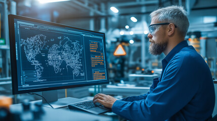 Fototapeta premium Main engineer following the plant process using Industry 4.0. Operator control process of production uses computer screens with SCADA system.