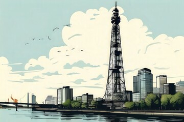 Obraz premium the AI Image Generator, a painting of a city with a tv tower