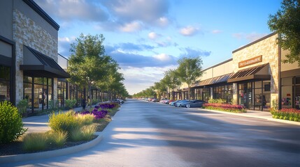 Modern Storefront Row with Parking Lot and Trees