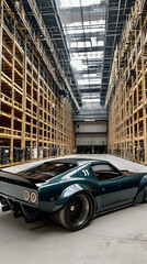 Obraz premium A classic sports car parked in an expansive warehouse with industrial shelving at an automotive exhibition