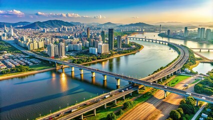 Fototapeta premium Wide-angle aerial view of Seoul with drone, bridges, Korea, river