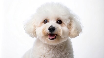 Wide-Angle Bichon Frise dog happily looking around on white background