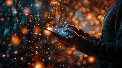 A businessman holding a tablet and looking at a virtual blockchain network with data fields floating around him