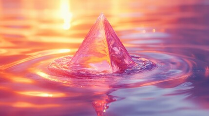 abstract minimal geometric backgroun colorful iridescent triangle levitates above the water ripples an reflection