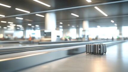 A dynamic view of the baggage claim area with suitcases moving on the conveyor belt, travelers waiting, and soft lighting illuminating the scene, with the background subtly blurred