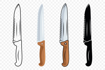 Vector Kitchen Knife Icon Set. Bread Knife with Serrated Blade, Chef Knife Design Templates. Outline, Colored, Silhouette Knife. Vector Illustration