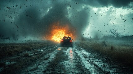 Naklejka premium A car drives away from an explosion in a stormy landscape.