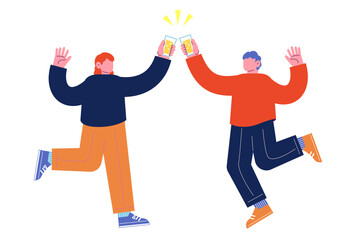 飲み物を持ち乾杯をする若者たち。祝日を祝うパーティーを一緒に楽しむ陽気な友人達。漫画のキャラクターベクターイラスト