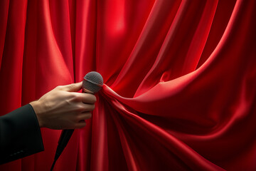men hand with microphone, try to open red curtain background, stand up comedy or karaoke wallpaper