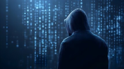 A mysterious figure in a hoodie stands against a backdrop of glowing binary code, symbolizing cybersecurity and digital anonymity.