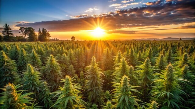 Wide-Angle Sunset over cannabis field bathed in warm golden light