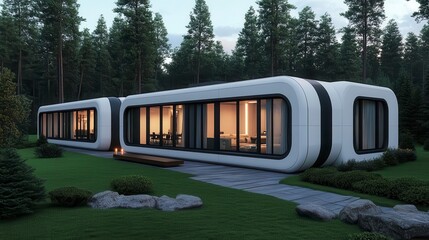Obraz premium A modern, sleek home nestled in a forest, featuring large windows and an inviting exterior, blending nature with contemporary design.