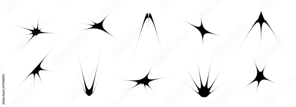 Aufkleber Black thin quirky thorn element set. Sharp star shapes and angular sparks bundle. Spooky spokes object pack for poster design, flyer, collage, banner, badge, logo, card, icon, label, sticker. Vector