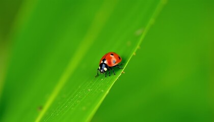 Obraz premium A tiny red ladybug on a vibrant green leaf