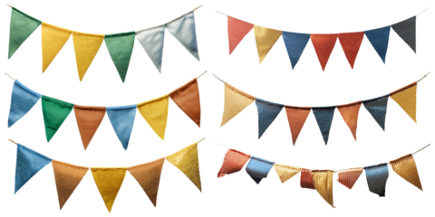 Assorted colorful pennant banners in various designs isolated on transparent background