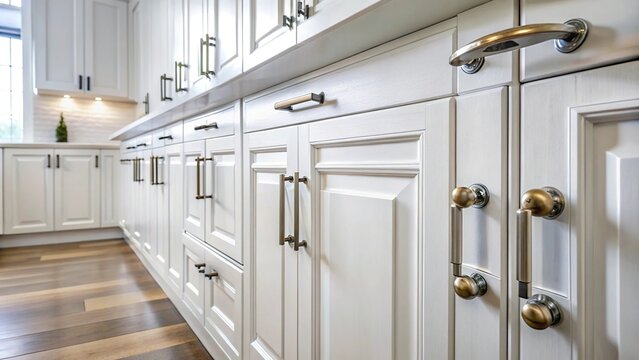 Wide-Angle White kitchen cabinets with metal pulls or knobs on the doors