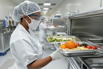 Hospital food catering service in action, with trays of healthy meals prepared and ready for distribution across patient rooms