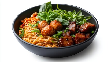 Fototapeta premium A bowl of rice vermicelli noodles topped with braised pork, meatballs, fresh herbs, and a savory sauce. The dish is a symphony of textures and flavors, with the soft noodles, tender pork, juicy meatba