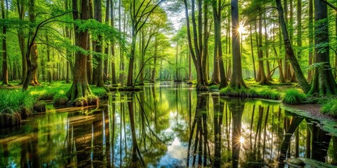 Wild forest scenery with hidden swamp viewed from a low angle