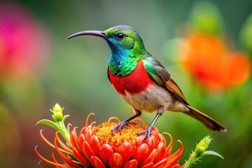 Fototapeta premium Wild Greater Double Collared Sunbird standing next to red flower fisheye