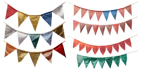 Colorful fabric bunting banners for festive decorations isolated on transparent background