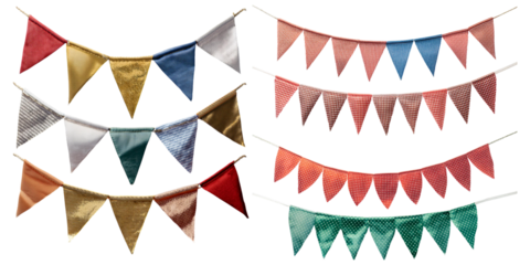 Colorful fabric bunting banners for festive decorations isolated on transparent background