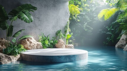 abstract scene for product presentation white an gol cobblestone podium an rock pedestal tropical green leaves an reflection in the water modern premium background - obrazy, fototapety, plakaty