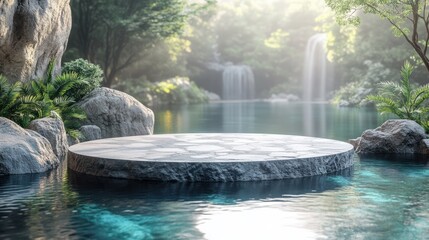 Naklejka premium abstract scene for product presentation white an gol cobblestone podium an rock platform tropical leaves an reflection in the water modern minimal background