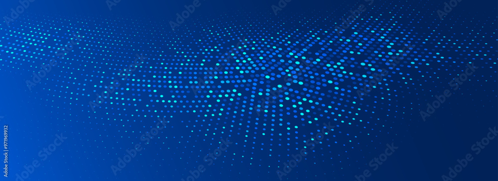 Poster glowing blue dotted wallpaper. abstract curved round dot grid texture. circle halftone pattern backg