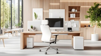 Fototapeta premium Modern Office Interior Design with Wooden Desk and White Chair.