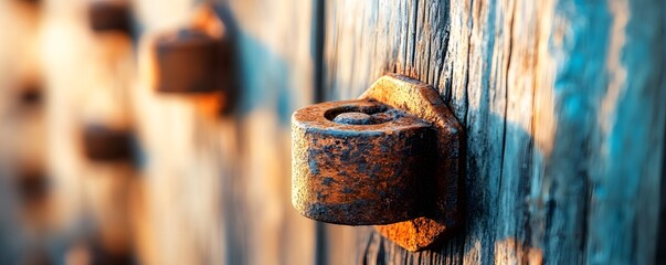 Closeup of Rusted Metal Bolt on Wooden Surface.