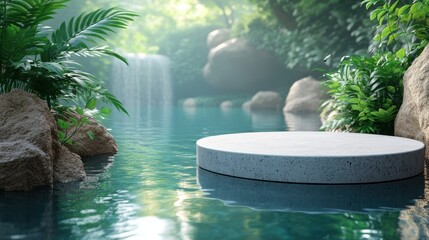 abstract showcase scene for product presentation white an gol cobblestone podium an rock platform tropical green leaves an reflection in the water modern premium background