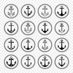Anchor Icon Set. Flat Monochrome Anchor Shapes in Circular Rope Frame. Nautical Anchor Symbols, Marine Rope Border Design. Vector Illustration