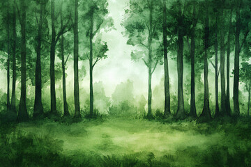 Obraz premium A serene forest scene with tall trees and a misty atmosphere.