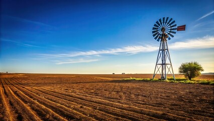 Windmill standing on the edge of a plowed field with weeds
