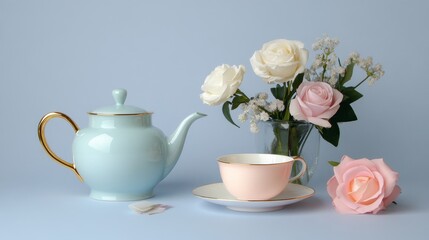 A charming tea set with a light blue teapot, a pink teacup, and a white saucer, arranged on a table with a bouquet of white and pink roses, symbolizing elegance, beauty, and the enjoyment of a relaxin