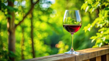 Wine glass and red wine on wooden railing with green tree background