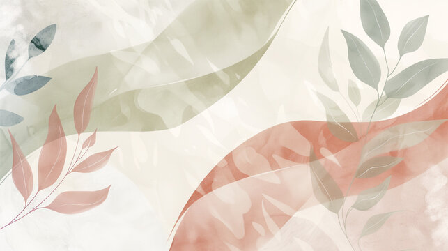 Floral hand painted watercolor wallpaper with muted nature colors, autumn, fall leaves, and texture details. Horizontal slideshow banner background. Botanical background border with room for type. 