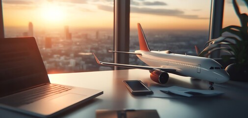 Laptop, airplane model, and phone on a desk by a window with a city view.