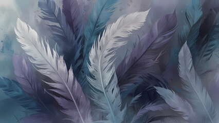 Fototapeta premium Feather shapes dissolve into fine, swirling mist, blending soft hues of blue, lavender, and silver, creating an airy, dynamic abstract background