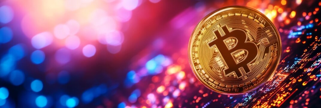 A close-up of a shiny golden Bitcoin coin, the iconic symbol of cryptocurrency, set against a vibrant, colorful background of digital data and abstract shapes. This image represents the future of fina