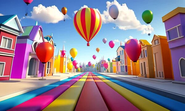Colorful hot air balloons over vibrant city street with ai generated.
