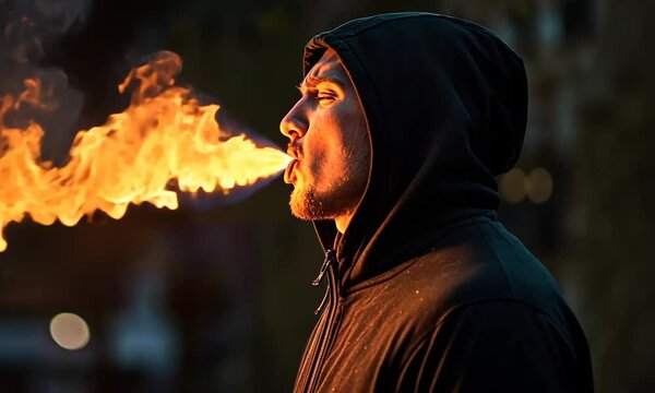 Man breathing fire in dramatic performance with ai generated.
