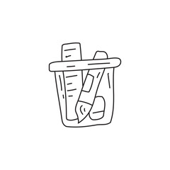 Pencil, eraser, and ruler in a cup doodle illustration. Back to school,  studying or learning. 