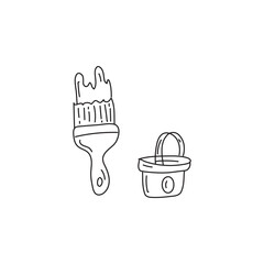 Hand drawn black and white doodle of paintbrush and paint bucket.  Simple illustration of painting tools for artists, diy, home improvement, and graphic designers.